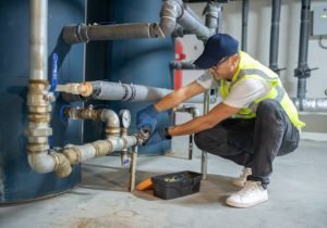 Technician Repairing Heating System Pipes In The Boiler Room